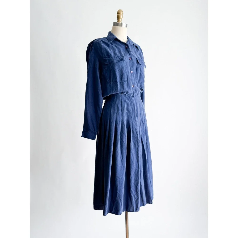 Argenti Silk Shirt Dress Vintage 80s Midi Pleated 10 Blue Long Sleeve Pocket